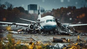 Plane crash, crashed airplane, air accident. Generative AI photo