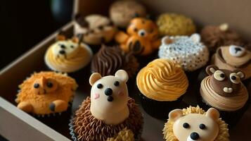Cupcakes, cookies and ice cream, in the style of carved animal figures, Generative AI photo