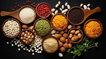 Different type of raw dry legumes composition. Mix organic legume concept photo