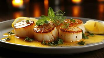 Close up of pan seared diver scallops with lemon beurre blanc. Generative AI photo