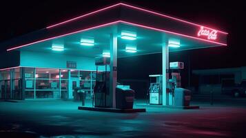 Liminal 70s style gas station in night with neon lit. Generative AI photo