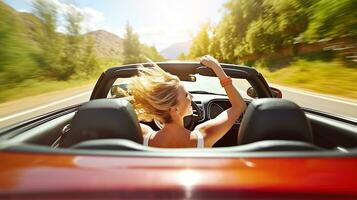 cautivador momentos de un rubia mujer conducción un Deportes coche foto