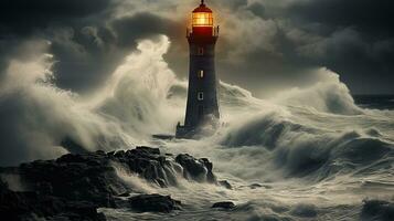 Lighthouse in a storm, waves attacking the tower, Generative AI photo