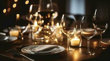 Elegant Evening. A Candlelit Dining Affair with wine glasses and tableware for an evening dinner party. Generative AI photo
