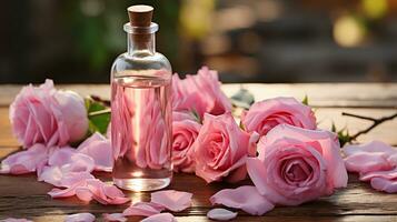 Pink rose flower and glass of bottle essential oil or rose water with rose petals, spa and aromatherapy cosmetic concept photo