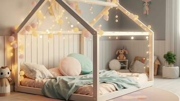 Cute Kids' House Bed with Fairy Lights and Pastel Dreams. Generative AI photo