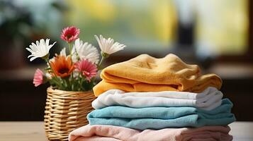 Towel Tidiness. Organizing with Colorful Laundry Baskets. Generative AI photo