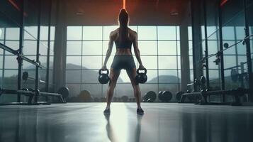 A girl in shorts is doing a workout with an iron kettlebell. A sporty woman with dark hair is squatting with a kettlebell in a gym. Generative AI photo