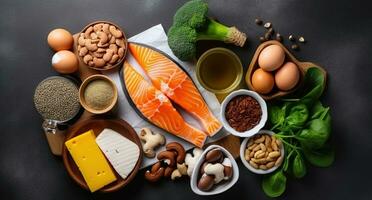 A Comprehensive Guide to Nutrient-Rich Foods Set Against a Bold, Dark Background - Embracing a Healthful Dietary Lifestyle. Generative AI photo