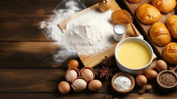 Baking utensils and cooking ingredients for cake bakery include flour, butter, sugar, eggs, and tools on the table, top view with copy space. Generative AI photo