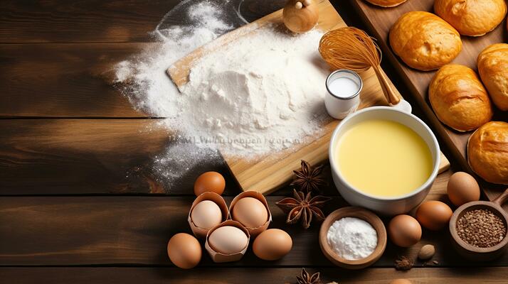 Making pastry concept with baking tools and ingredients on a modern  concrete background with copy space. Wooden scoops, whisks, cookie cutters,  muffin tin, sugar, flour, anise stars from above Stock Photo 