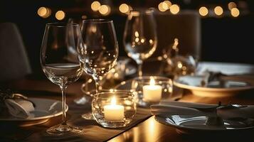 Elegant Evening. A Candlelit Dining Affair with wine glasses and tableware for an evening dinner party. Generative AI photo