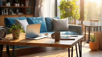 Sunlight illuminates living room workplace home office interior for comfort productive work, brown and blue colours. On wooden table laptop comfy couch with cushions on background, Generative AI photo