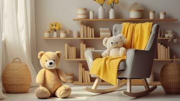 Large infant nursery with teddy bear and yellow blanket on white wooden rocking chair. Generative AI photo