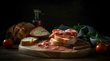 rústico almuerzo delicias jamon serrano y un pan en un de madera picnic mesa. generativo ai foto