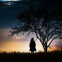Silhouette of a lonely woman stands alone photo