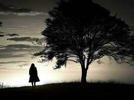 Silhouette of a lonely woman stands alone photo