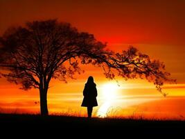 Silhouette of a lonely woman stands alone photo