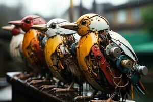 Robotic birds mingling seamlessly among urban species in modern cityscapes photo