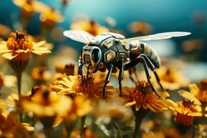Robotic bee pollinators hovering over flowers isolated on a gradient background photo