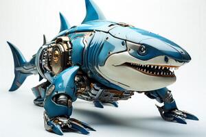 Robot shark utilized for underwater exploration isolated on a white background photo