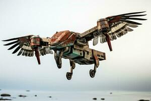 Coastline preservation robotic seagull drone hovering isolated on a white background photo