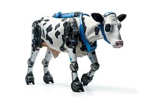 Robotic cow model aiding in agricultural tasks isolated on a white background photo