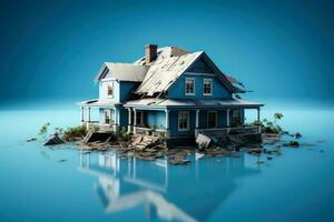 Flood damaged suburban house isolated on a gradient blue background photo