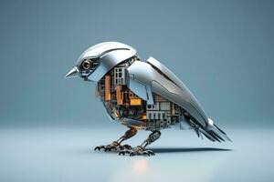 Robotic sparrow among city skyscrapers isolated on a grey gradient background photo