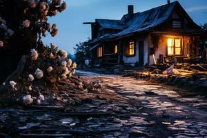 Decrepit old residential house in ruins isolated on a gradient twilight background photo