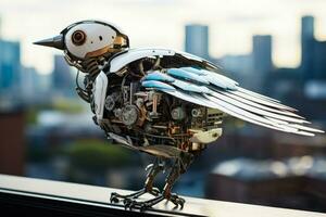 Robotic birds mingling seamlessly among urban species in modern cityscapes photo