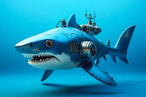 Robot shark exploring underwater depths isolated on a blue gradient background photo