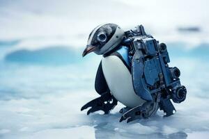 Arctic exploration robotic penguin in icy conditions isolated on a white background photo