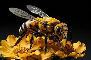 Robotic bee pollinator hovering over a flower isolated on a white background photo