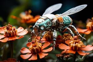 Robotic bee pollinators hovering over flowers isolated on a gradient background photo