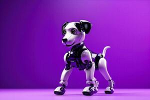 Robot dog performing tricks isolated on a purple gradient background photo