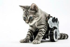 Robotic cat demonstrating playful behavior isolated on a white background photo