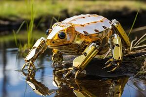 Robotic frog models exploring aquatic life in diverse wetland environments photo