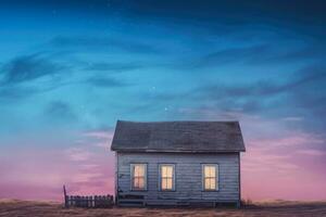 Decomposed vintage cottage facade isolated on a gradient twilight sky background photo