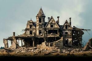 Ancient manor undergoing structural decay isolated on a gradient gloomy background photo