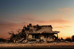Destroyed single family home aftermath isolated on a gradient dusk background photo