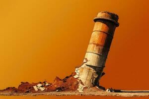 Collapsed factory chimney isolated on a gradient rust colored background photo