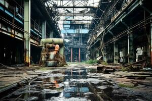 abandonado industrial fábrica deteriorando debajo el implacable.despiadado marzo de hora foto