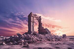 restos de un histórico castillo enviar demolición aislado en un degradado puesta de sol antecedentes foto