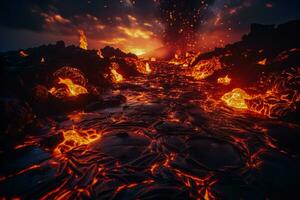 lava fluye encender noche cielo en feroz apocalíptico volcánico paisaje foto