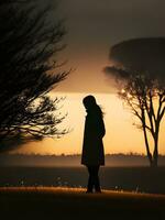 Silhouette of a lonely woman stands alone photo