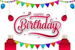 Happy birthday red typography text with balloons cake and hearts illustration png