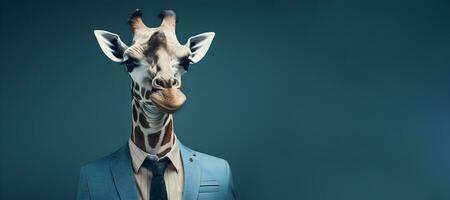 portrait of a giraffe wearing a suit and tie, copy space. generative ai photo