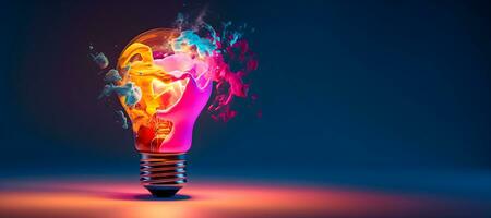 Creative light bulb explodes with colorful paint and splashes on a dark background. Think differently creative idea concept .generative ai photo