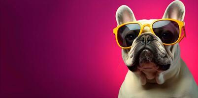 Creative animal concept. a bulldog wearing sunglasses on a pink background , digital art, faceted, copy space. Generative AI photo